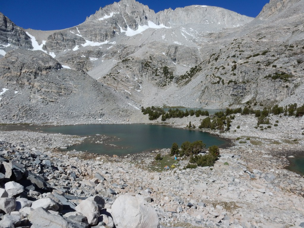 Our camp at Treasure lakes with Hourglass couloir, mt. Dade and mt Abbott on the background (left to right). Photo credit: Alexander Bukreyev.