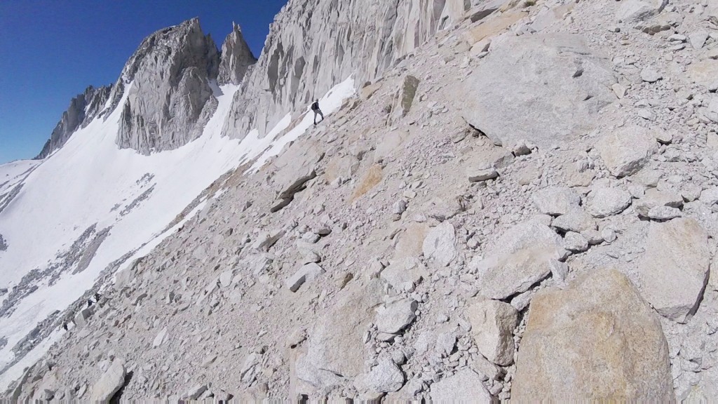 The group approaching mt. Mills, with mt. Abbott and Petite Griffon on the background.