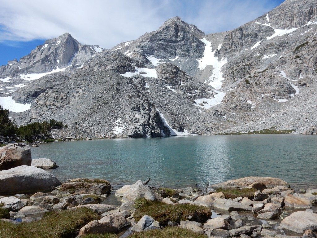 The large snowfield is the Hourglass Couloir as it is seen from the camp. Mt. Dade is on the right. Photo credit: Alexander Bukreyev.